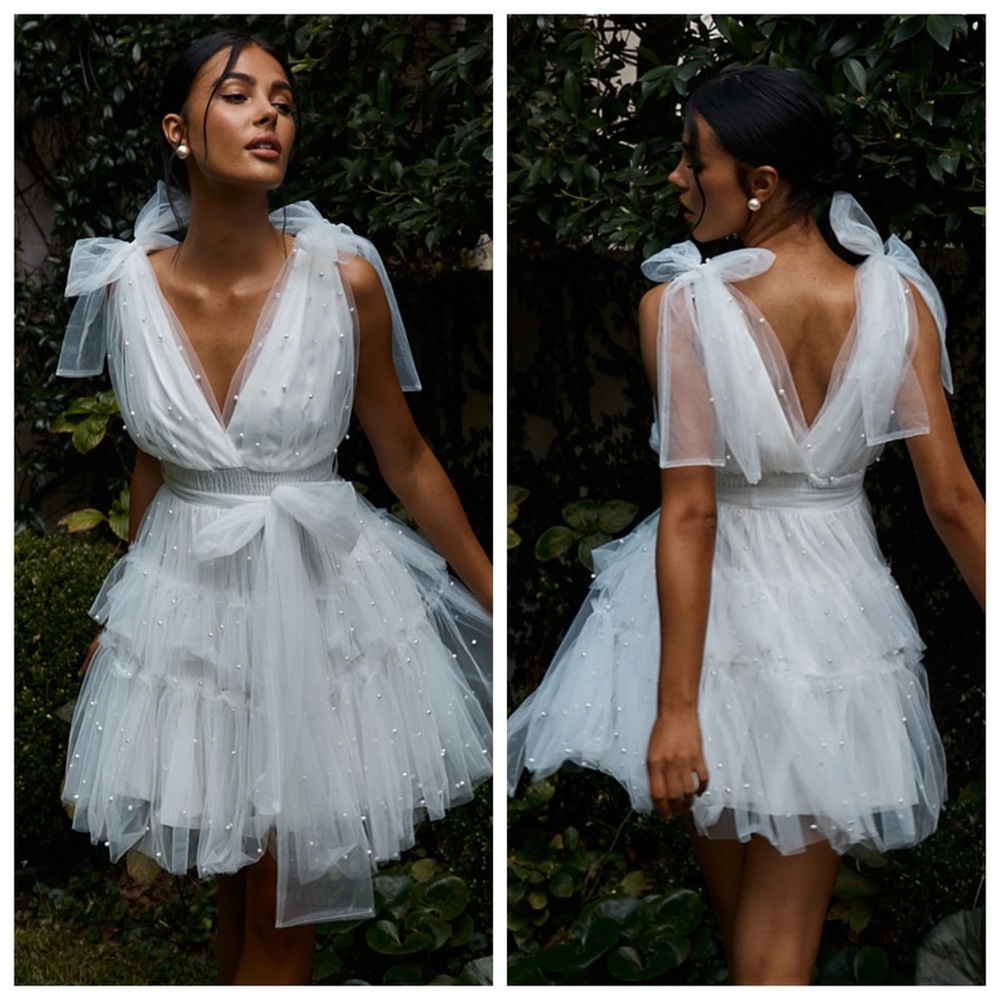 Mable Pearl Embellished Tulle Mini Dress White Small Bride Bachelorette Coquette
